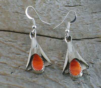 Native American Earrings Silver & Orange Spiney Bell